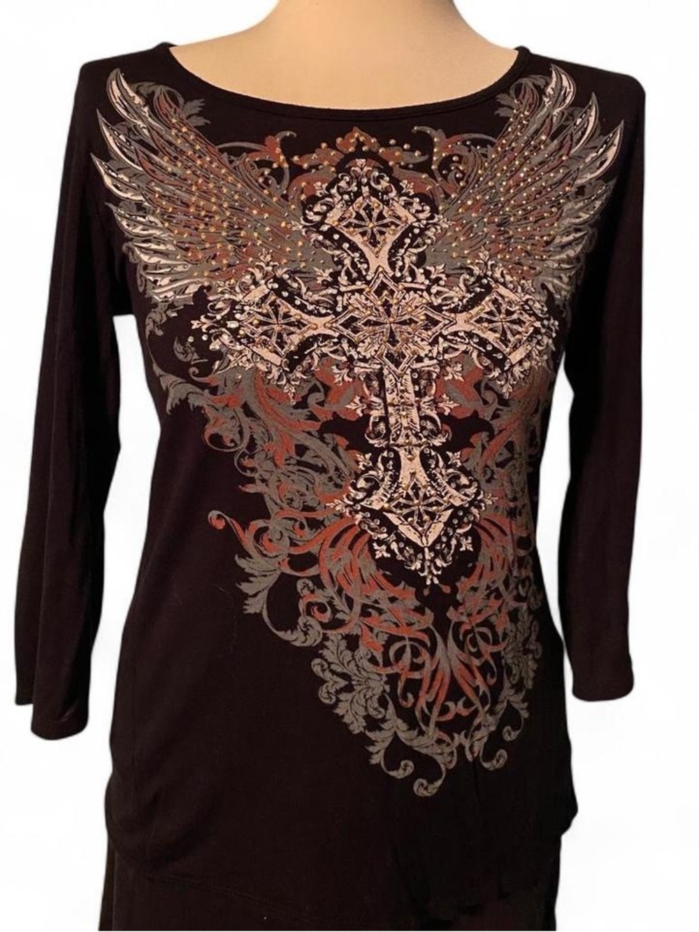 Angels & Diamonds Blacj 3/4 Sleeve Cross & Wing Graphic Tee